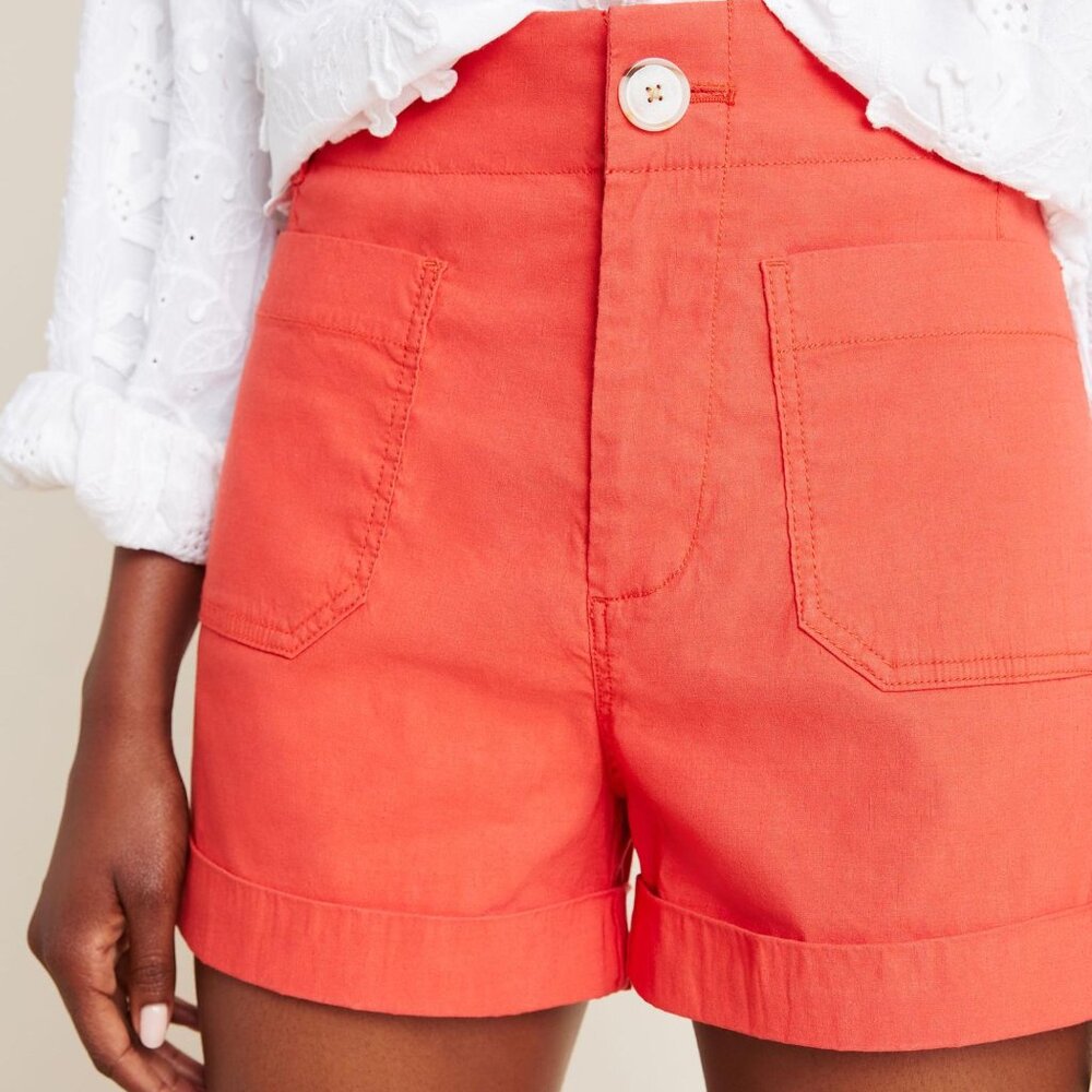 Anthropologie Megan Patch Pocket Shorts sz 26 Red EUC Colette Style Linen Blend
